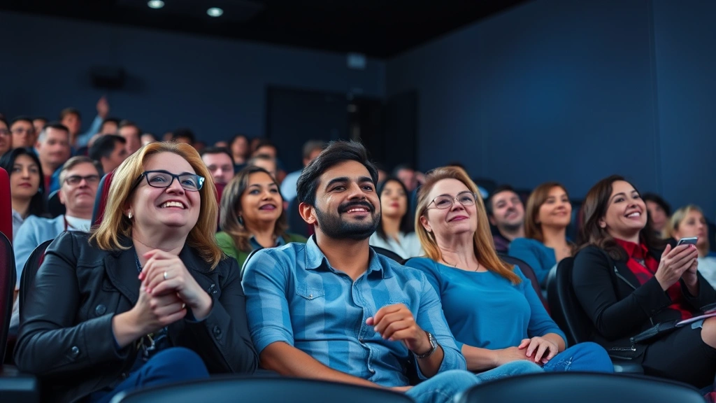 Diverse group of moviegoers enjoying cinema experience together in comfortable theater seating with modern lighting and premium theater environment