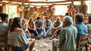 Diverse group of people in casual clothing sitting in circle during community discussion in rustic natural setting, natural lighting, candid authentic conversation moment, warm earthy tones, bohemian aesthetic without any text or signage visible