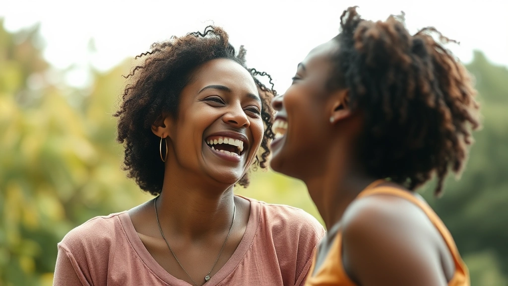 Close-up of two people laughing together outdoors in natural setting, genuine joy and connection, soft natural lighting, blurred natural background with greenery, authentic emotional moment captured