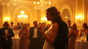 Cinematic still of couple dancing at elegant wedding reception, warm golden lighting, intimate moment captured, guests blurred in background, photorealistic film quality, romantic atmosphere