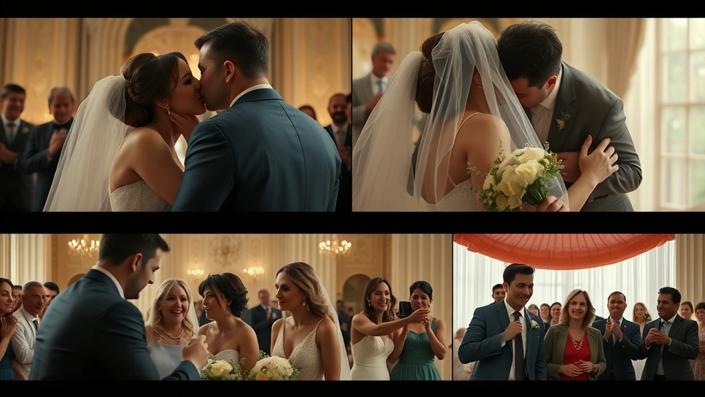 Split screen showing different wedding movie scenes: romantic kiss, comedic bridesmaid moment, emotional family embrace, montage style, vibrant cinematography, diverse characters celebrating, photorealistic