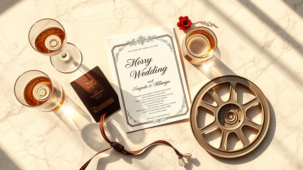 Overhead view of wedding invitation, champagne glasses, and film reel on marble surface, warm afternoon sunlight, sophisticated aesthetic, movie memorabilia arranged artistically, photorealistic detail