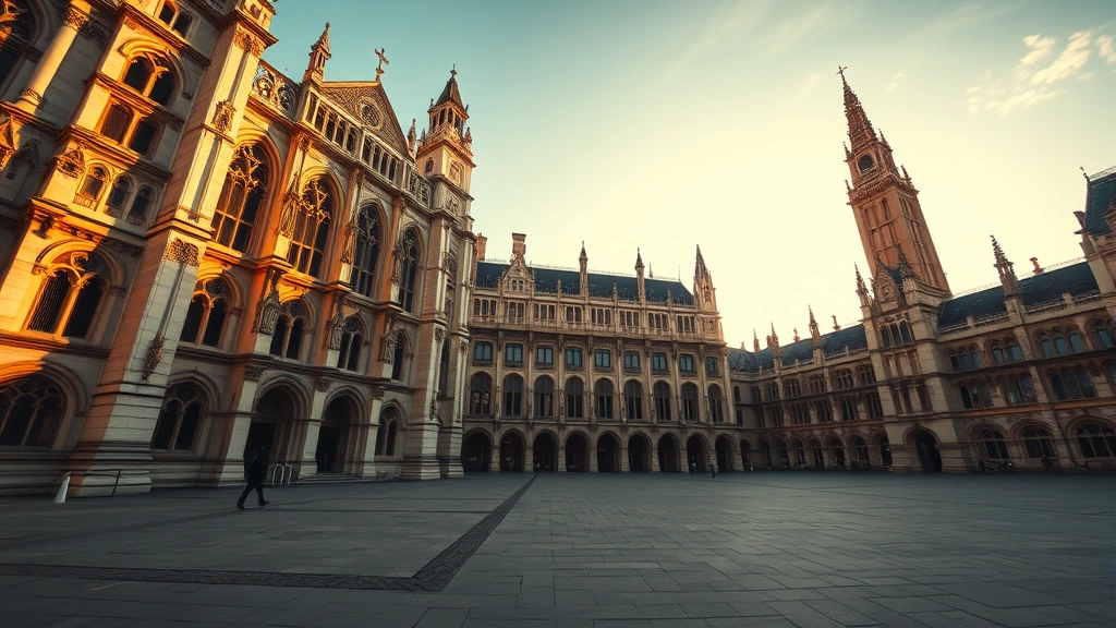 Wide-angle photograph of Westminster Abbey's Gothic architecture at golden hour, sunlight illuminating ornate stone details and soaring vertical lines, empty public plaza in foreground, no people visible, photorealistic architectural cinematography style