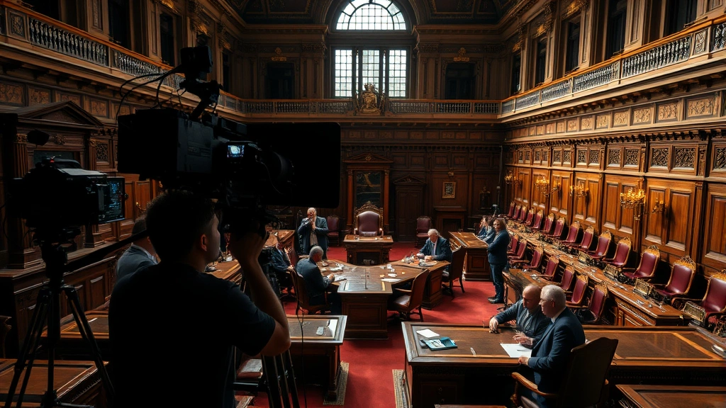 Modern film production setup inside historic parliamentary building: professional camera equipment, lighting rigs, crew members in dark clothing working around ornate wooden desks and leather chairs, warm theatrical lighting creating dramatic shadows on institutional architecture