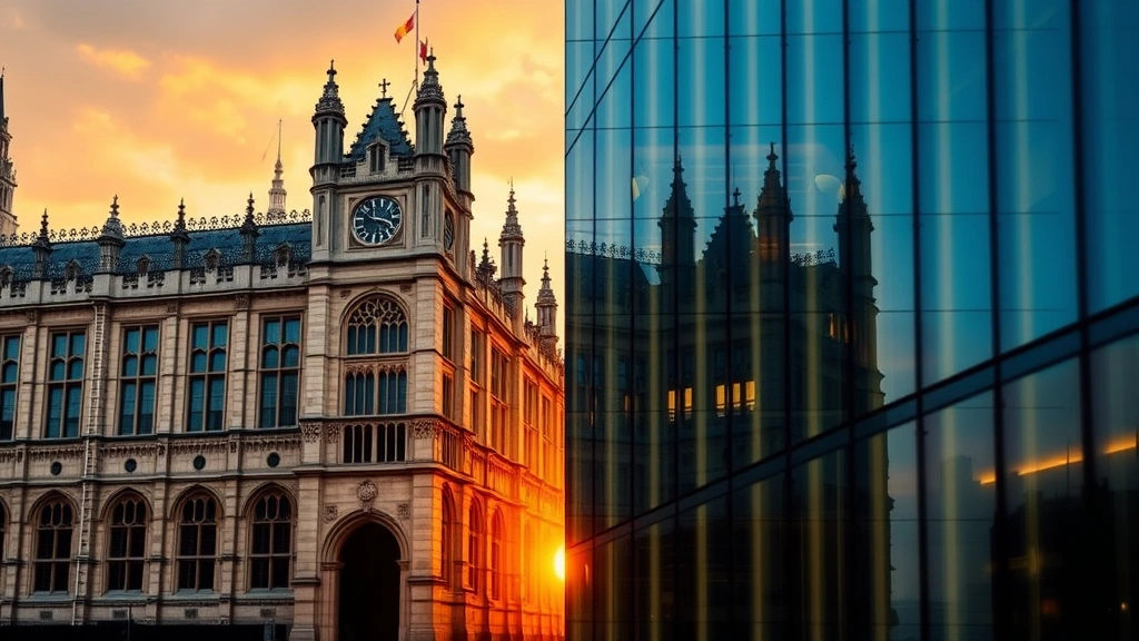 Split-screen composition showing Westminster architecture reflected in modern glass building facade, blending historic stone work with contemporary reflective surfaces, sunset lighting creating warm amber tones, abstract representation of institutional evolution and transformation