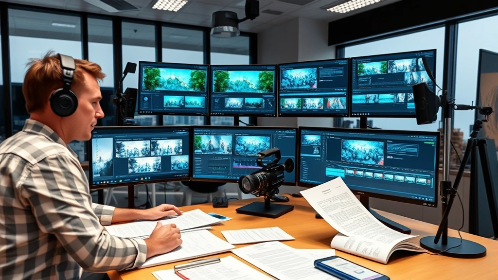 Film producer in modern production office reviewing storyboards and scripts on desk with multiple monitors showing editing software and project timelines, professional workspace environment