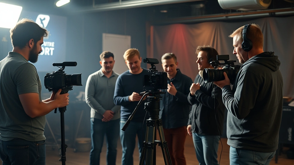 Diverse production team collaborating on film set with producer coordinating between cinematographer, gaffer, and sound engineer, monitoring equipment and cast performance simultaneously