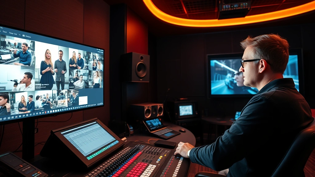 Post-production suite with producer and editor reviewing color-corrected footage on large cinema monitors, sound mixing boards visible, professional editing workspace with accent lighting