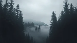 Moody Pacific Northwest forest landscape with mist and ancient evergreen trees, overcast grey sky, cinematic lighting, photorealistic, no text or signage