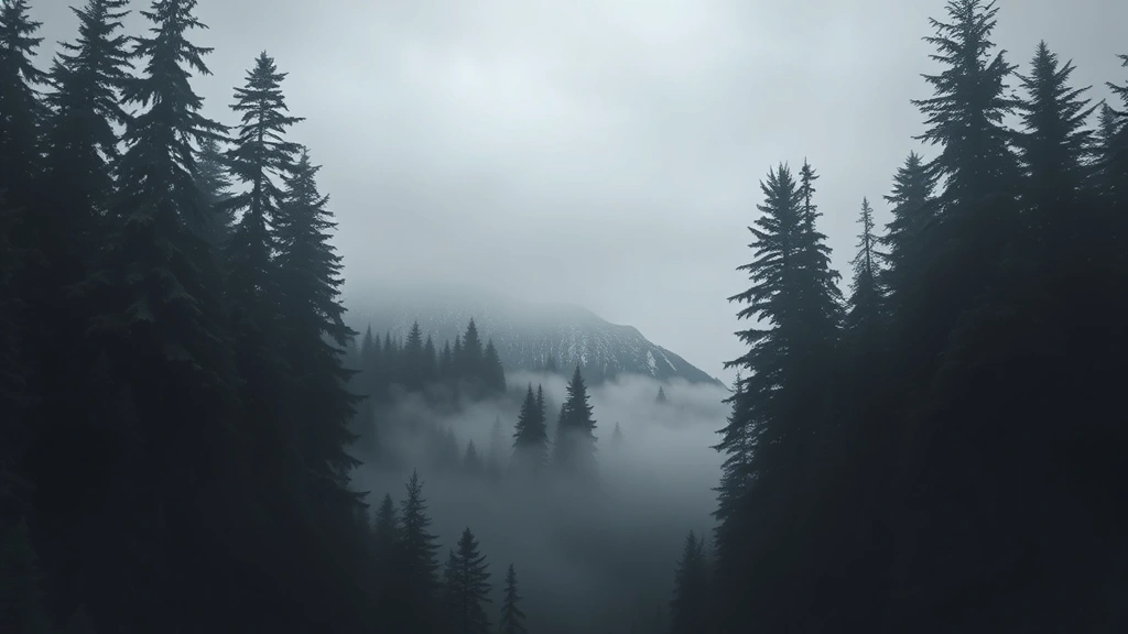 Moody Pacific Northwest forest landscape with mist and ancient evergreen trees, overcast grey sky, cinematic lighting, photorealistic, no text or signage