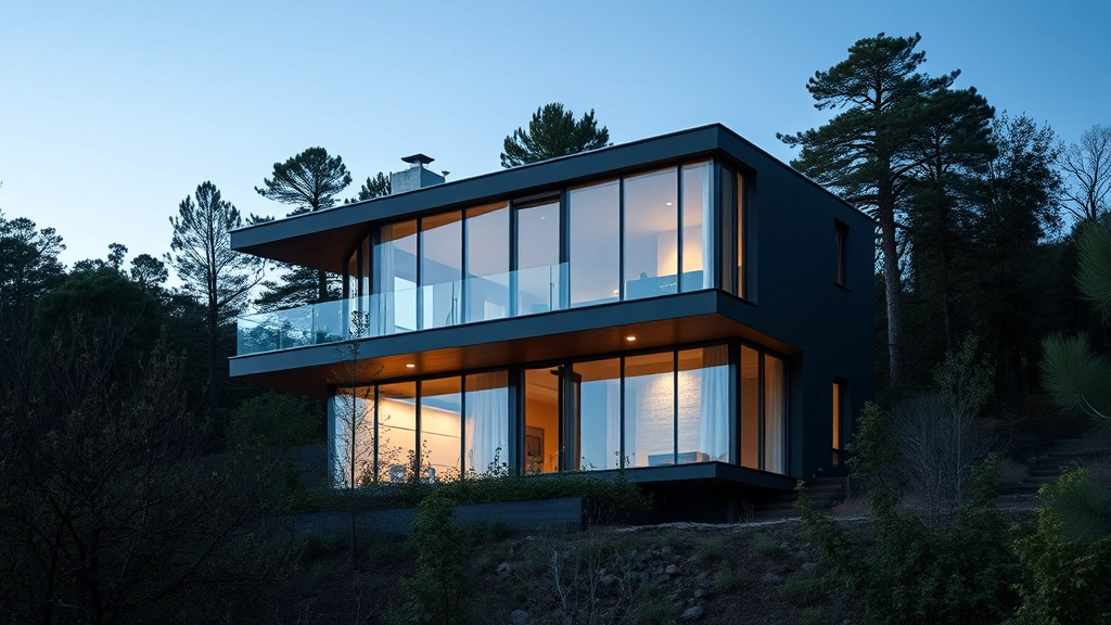 Modern minimalist glass and steel house architecture nestled among trees, contemporary design with extensive windows, dusk lighting, architectural photography style, no visible text