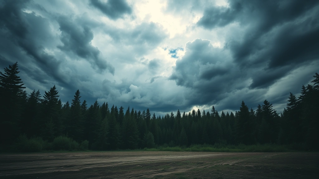 Dramatic outdoor clearing during stormy weather with dark clouds, natural forest backdrop, theatrical atmospheric lighting, cinematic composition, no people or text visible