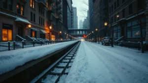 Wide shot of a snowy Chicago street at dusk, warm lights glowing from brownstone windows, empty subway platform visible in background, cinematic winter atmosphere, no people visible, moody romantic ambiance