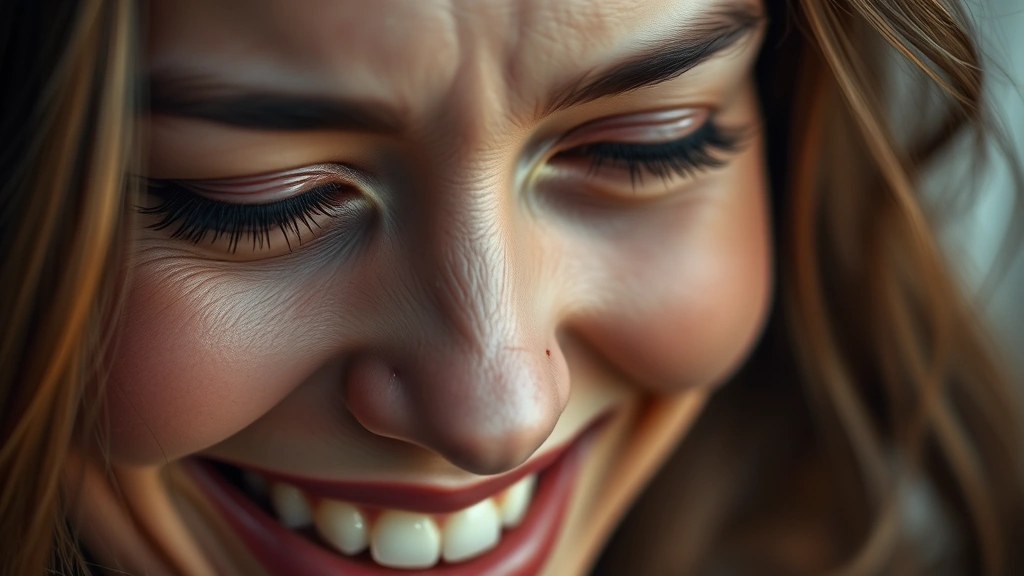 Close-up of a woman's face showing genuine emotion—eyes glistening with tears of joy, soft smile, warm lighting, intimate moment capturing vulnerability and hope, professional headshot style, no text or graphics