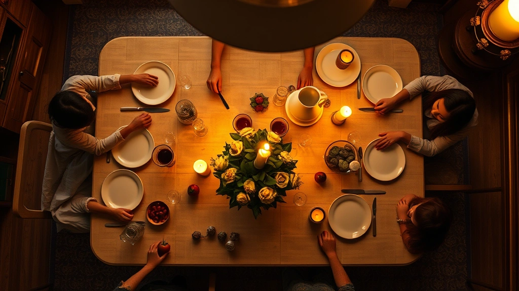 Overhead view of a family dining table with warm candlelight, dishes and glasses scattered, cozy home interior with soft golden lighting, sense of togetherness and belonging, no people visible, intimate domestic scene