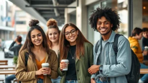 Young diverse professionals in modern urban setting, casual clothing, relaxed atmosphere, coffee shop or street environment, natural lighting, contemporary digital age aesthetic, photorealistic quality