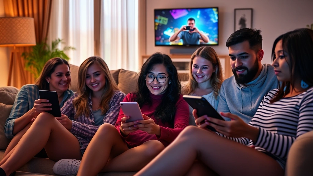 Diverse audience members engaged with entertainment content across multiple devices in comfortable home setting, warm lighting, representing modern media consumption patterns and streaming culture