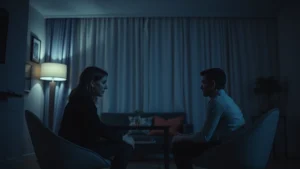 Two people sitting across from each other in a dimly lit modern apartment, tension visible in their body language and facial expressions, cool color grading, cinematic lighting, intimate psychological drama atmosphere