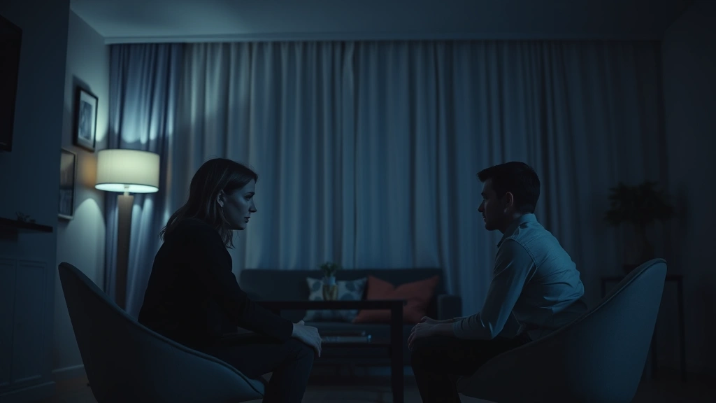 Two people sitting across from each other in a dimly lit modern apartment, tension visible in their body language and facial expressions, cool color grading, cinematic lighting, intimate psychological drama atmosphere