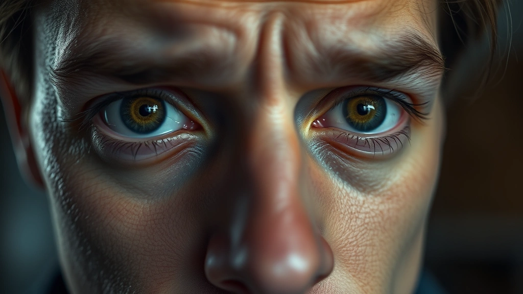 Close-up of a person's face showing conflicted emotions, eyes reflecting deep thought and internal struggle, natural indoor lighting, shallow depth of field, introspective psychological state, photorealistic