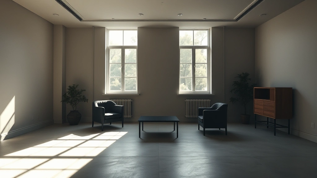 Empty modern interior room with minimalist furniture, natural window light creating shadows, abandoned feeling, psychological unease atmosphere, architectural photography style, no people visible, photorealistic