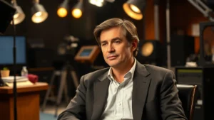 A professional actor in their prime during the 1990s-2000s era, sitting in a television studio set with warm lighting, surrounded by props and set pieces, thoughtful expression, professional headshot style photography, sophisticated studio environment