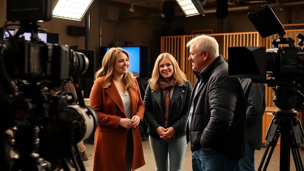 A behind-the-scenes television production scene showing actors collaborating on set, warm interpersonal moment between cast members, professional film production equipment visible, natural interaction between performers, authentic working environment