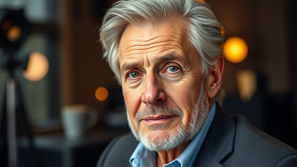 An intimate portrait of a mature actor in contemporary setting, reflecting on career and legacy, warm studio lighting highlighting facial features, professional photography style, contemplative expression, sophisticated entertainment industry backdrop