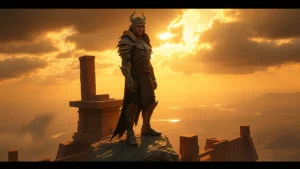 Epic mythological warrior in ornate armor standing atop ancient temple ruins, dramatic golden lighting, vast fantasy landscape visible below, photorealistic cinematic style, no visible text or UI elements