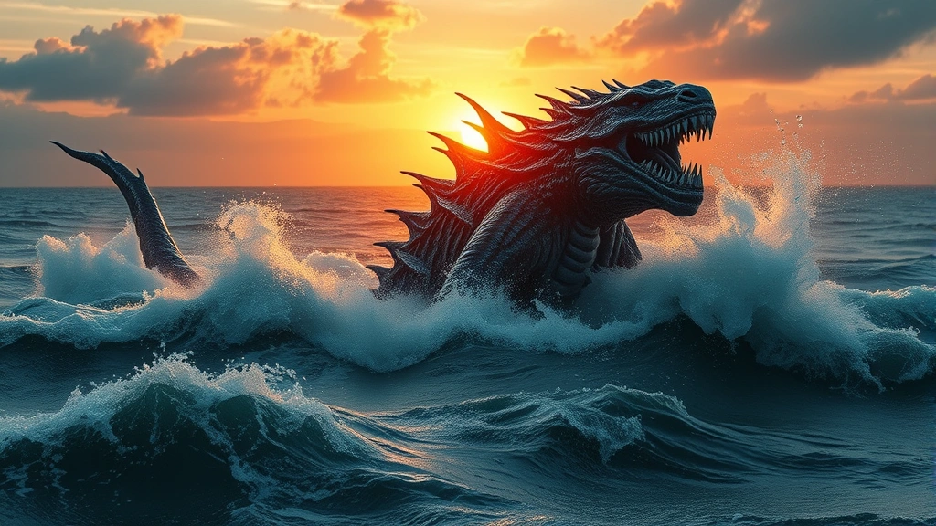 Massive digital creature emerging from churning waters during sunset, detailed creature design with intricate textures, water spray and mist surrounding form, cinematic color grading, no text overlay