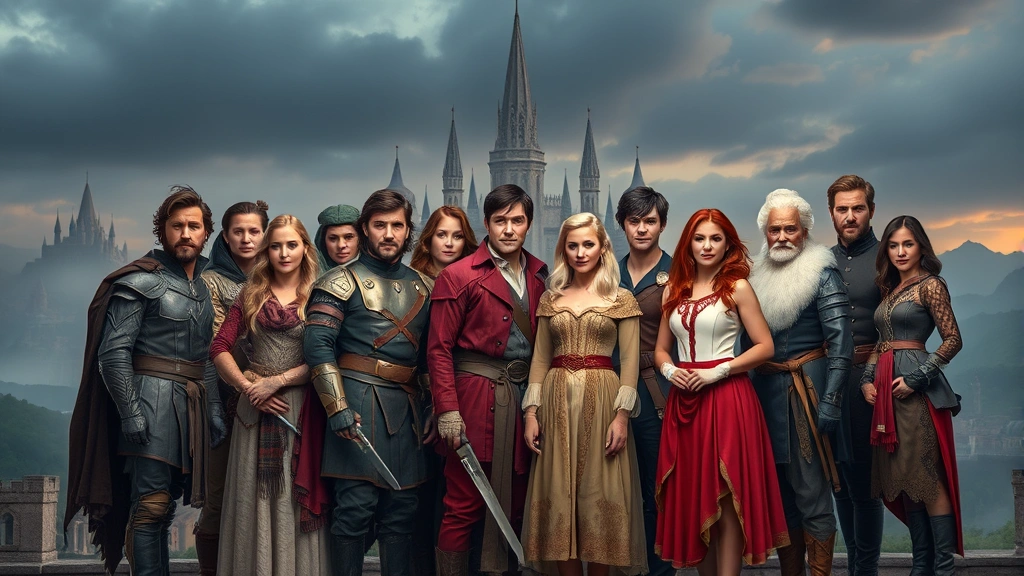 Diverse ensemble cast of actors in character costumes standing together against fantastical backdrop, confident poses suggesting camaraderie, epic fantasy setting with distant monuments, professional film lighting, no identifying text