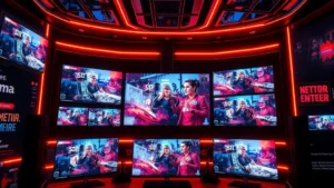 Modern streaming interface with multiple screens displaying video content, neon lighting, digital ecosystem visualization, contemporary media consumption landscape