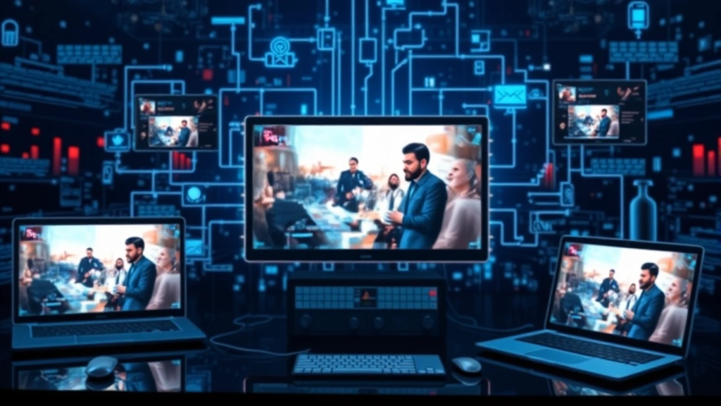 Digital media streaming interface with multiple devices showing video consumption, data visualization, network connectivity, modern technology aesthetics