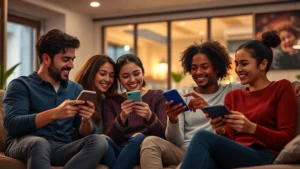 Young diverse people watching movies together on smartphones and tablets in a modern living space, relaxed social atmosphere, warm lighting, multiple devices visible, casual digital entertainment setting, photorealistic digital lifestyle scene