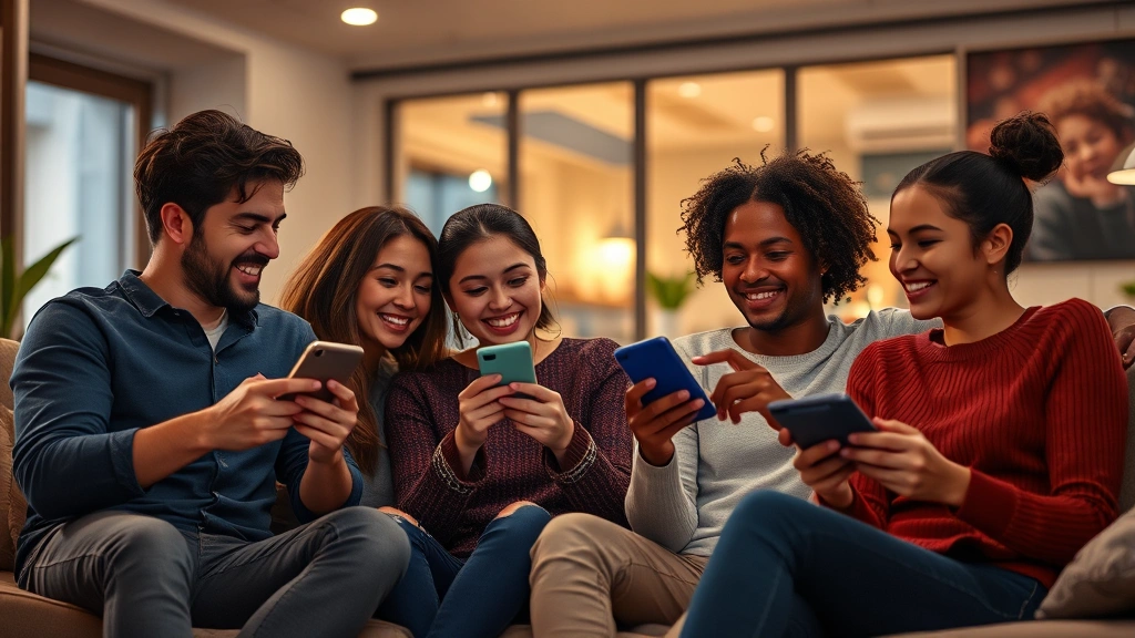 Young diverse people watching movies together on smartphones and tablets in a modern living space, relaxed social atmosphere, warm lighting, multiple devices visible, casual digital entertainment setting, photorealistic digital lifestyle scene