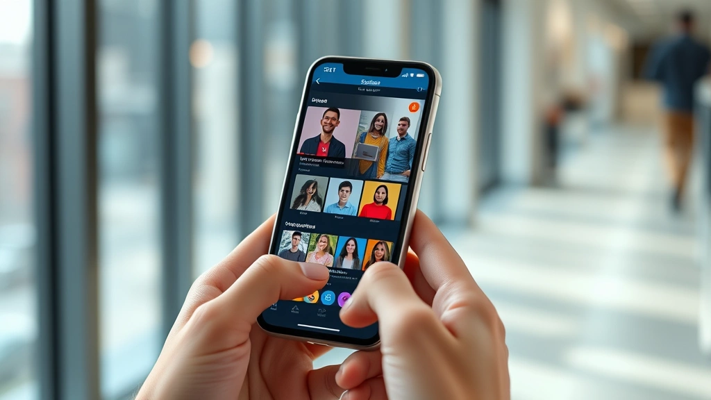 Modern streaming interface on mobile device with vibrant social features, community icons, and user interactions visible, hands holding phone in casual position, contemporary tech environment, bright natural lighting, digital platform showcase