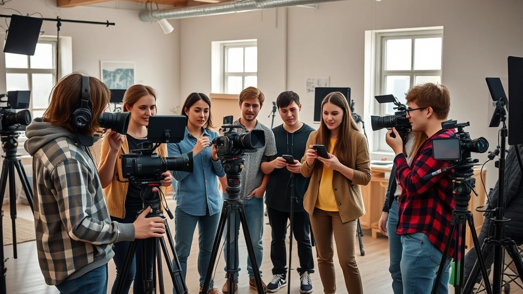 Group of young content creators collaborating on film production with cameras and editing equipment, diverse team in creative studio space, collaborative energy, professional yet approachable atmosphere, natural daylight through windows, authentic creative workspace