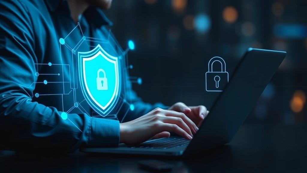 Digital security concept: person using laptop with shield icon and lock symbol, modern minimalist design, cybersecurity visualization, protecting personal data online, futuristic tech aesthetic