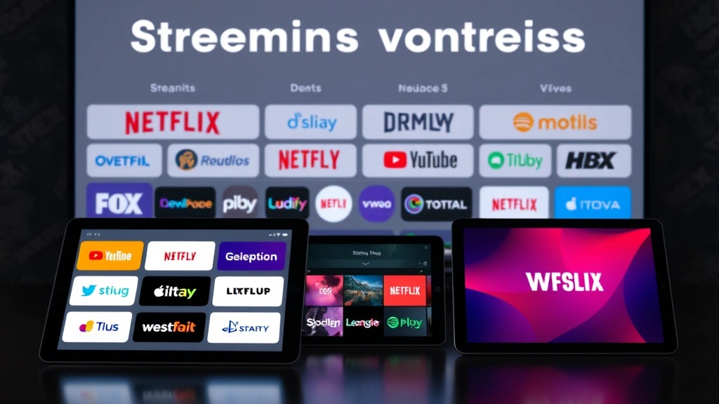 Streaming service comparison visual: multiple streaming platform logos displayed on tablets and devices, diverse viewing options, modern entertainment technology, clean interface design, digital media ecosystem