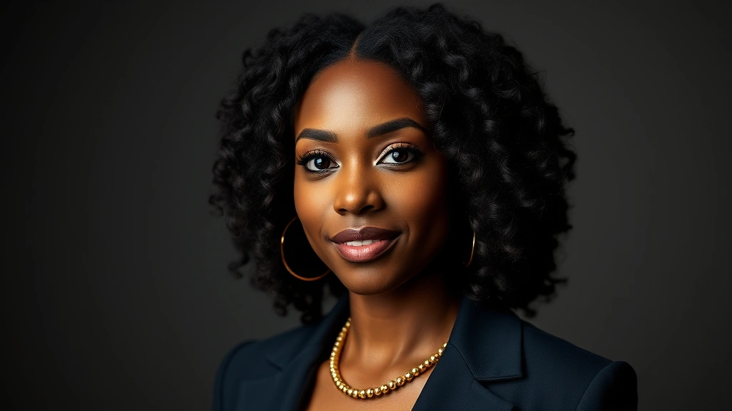 Professional headshot of accomplished Black female actor in dramatic lighting, sophisticated wardrobe, confident expression, neutral background, cinematic quality, film festival aesthetic