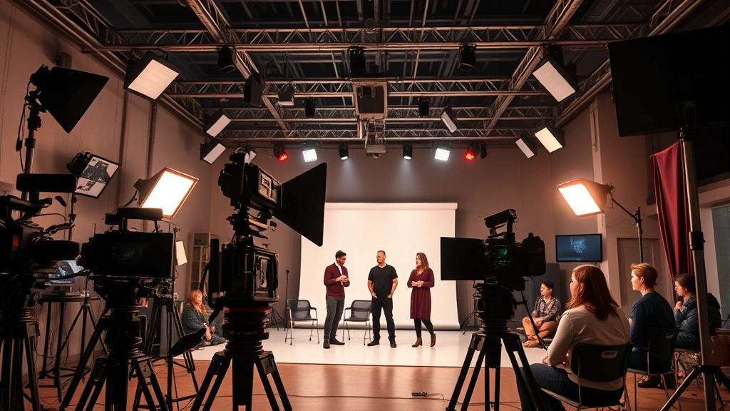Modern film production set with professional lighting rigs, camera equipment, and creative collaboration atmosphere, showing production environment without visible screens or text