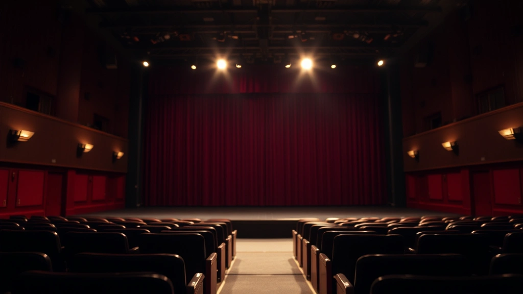 Intimate theatrical scene setup with professional stage lighting creating dramatic shadows, empty theater seats in soft focus background, artistic composition emphasizing performance space