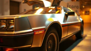Close-up of 1985 theatrical poster artwork featuring the DeLorean sports car with chrome details and glowing effects, warm golden lighting, professional photography studio setting, shallow depth of field highlighting metallic surfaces and dimensional poster texture