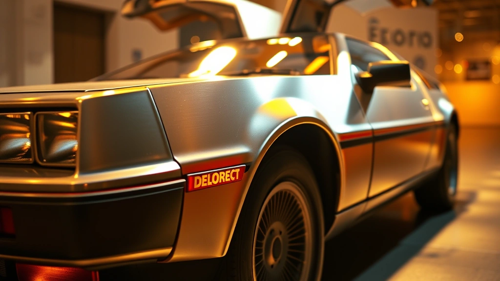 Close-up of 1985 theatrical poster artwork featuring the DeLorean sports car with chrome details and glowing effects, warm golden lighting, professional photography studio setting, shallow depth of field highlighting metallic surfaces and dimensional poster texture