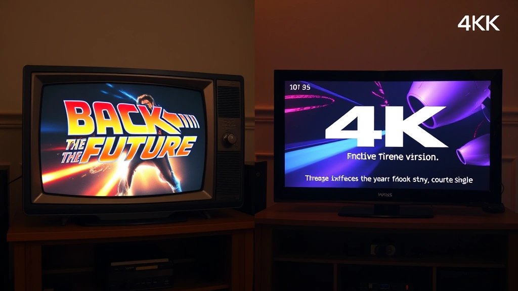 Split-screen comparison showing Back to the Future poster on old CRT television screen displaying VHS quality alongside modern 4K display showing contemporary streaming version, both images showing color and detail differences, professional media production environment