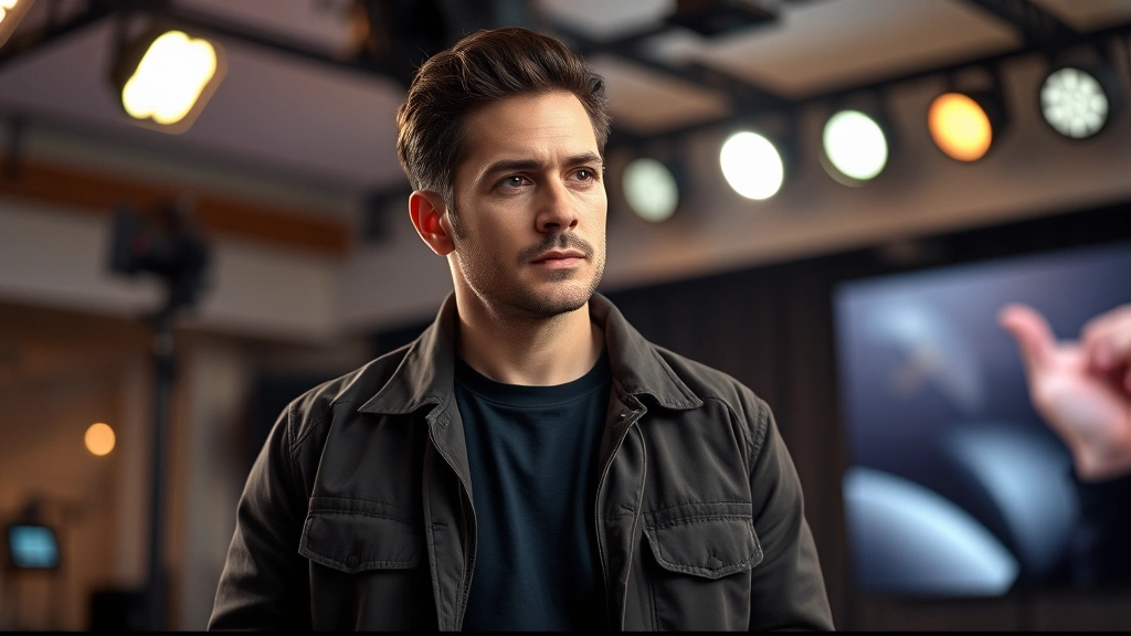 Professional male actor in modern television studio setting with dramatic lighting, serious contemplative expression, wearing contemporary clothing, suitable for entertainment industry profile photography