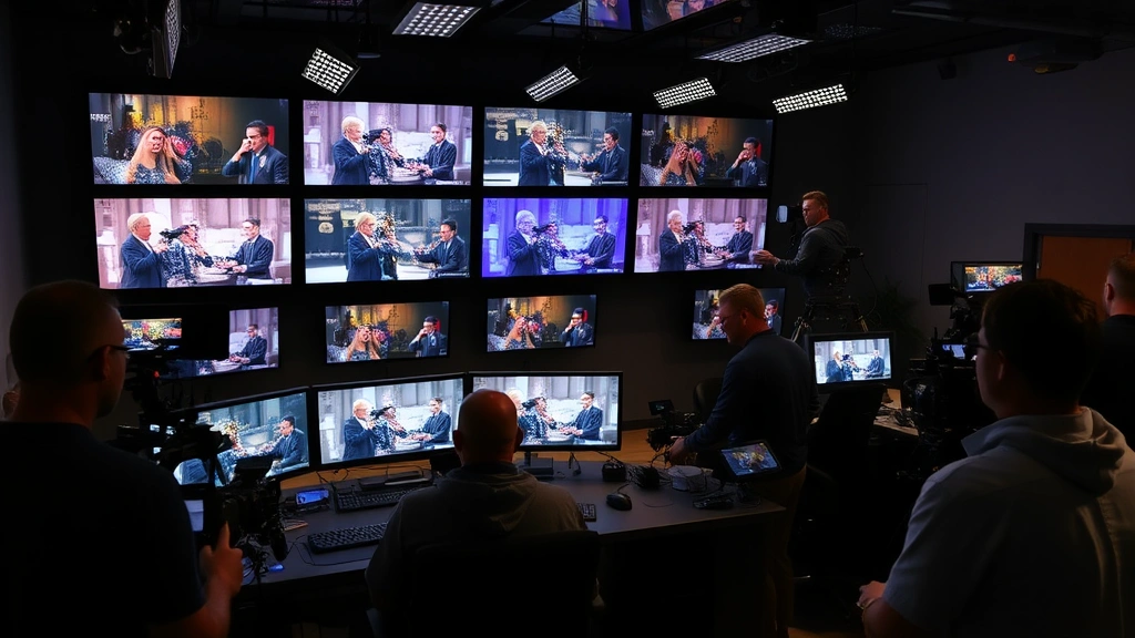 Television production control room with multiple monitors displaying dramatic scenes, cinematography equipment, and professional crew members working, capturing behind-the-scenes drama production environment