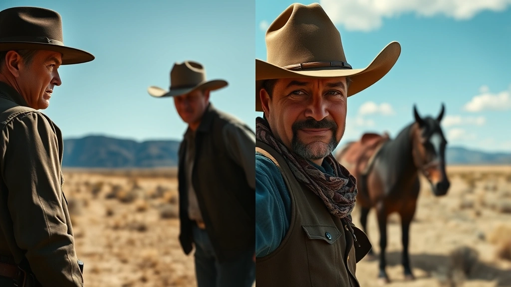 Split-screen composition showing contrasting dramatic scenes - one depicting law enforcement setting, another showing ranch landscape, representing dual iconic television roles without any text or interface elements