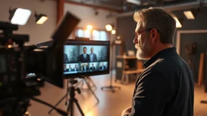 Cinematic director reviewing footage on professional monitor in modern film production studio, intense focus on screen, warm studio lighting, digital cinema camera visible, professional atmosphere