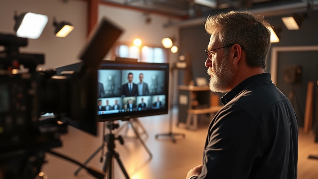 Cinematic director reviewing footage on professional monitor in modern film production studio, intense focus on screen, warm studio lighting, digital cinema camera visible, professional atmosphere
